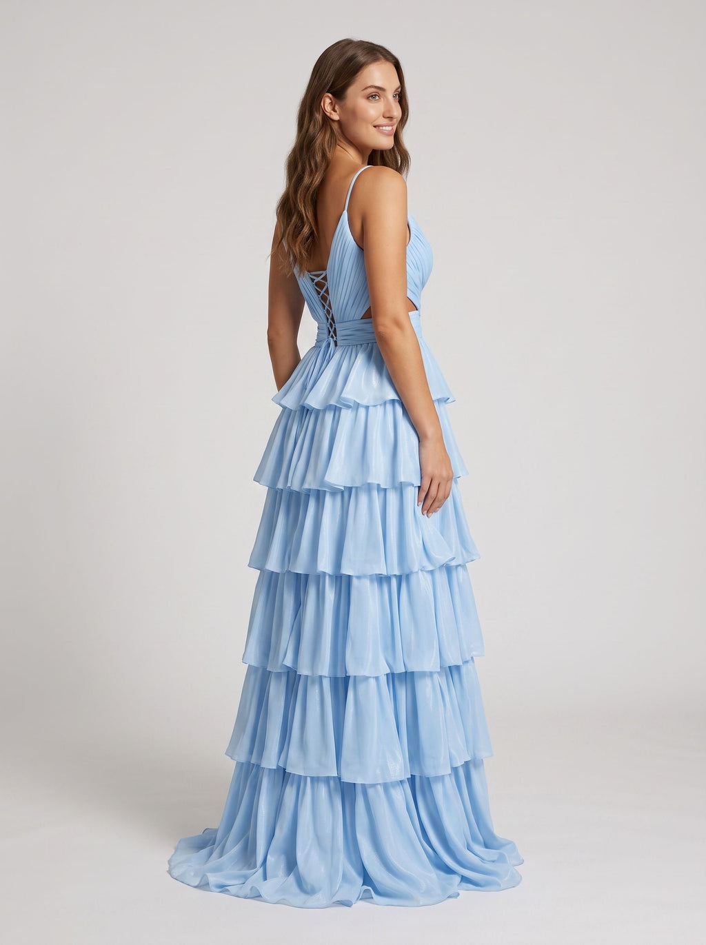 Sky Blue Tulle A-Line V-Neck Corset Back Floor-Length Dress with Slit - Curvevia