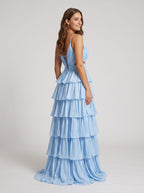 Sky Blue Tulle A-Line V-Neck Corset Back Floor-Length Dress with Slit - Curvevia