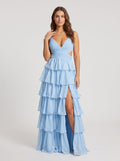 Sky Blue Tulle A-Line V-Neck Corset Back Floor-Length Dress with Slit - Curvevia