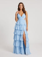 Sky Blue Tulle A-Line V-Neck Corset Back Floor-Length Dress with Slit - Curvevia