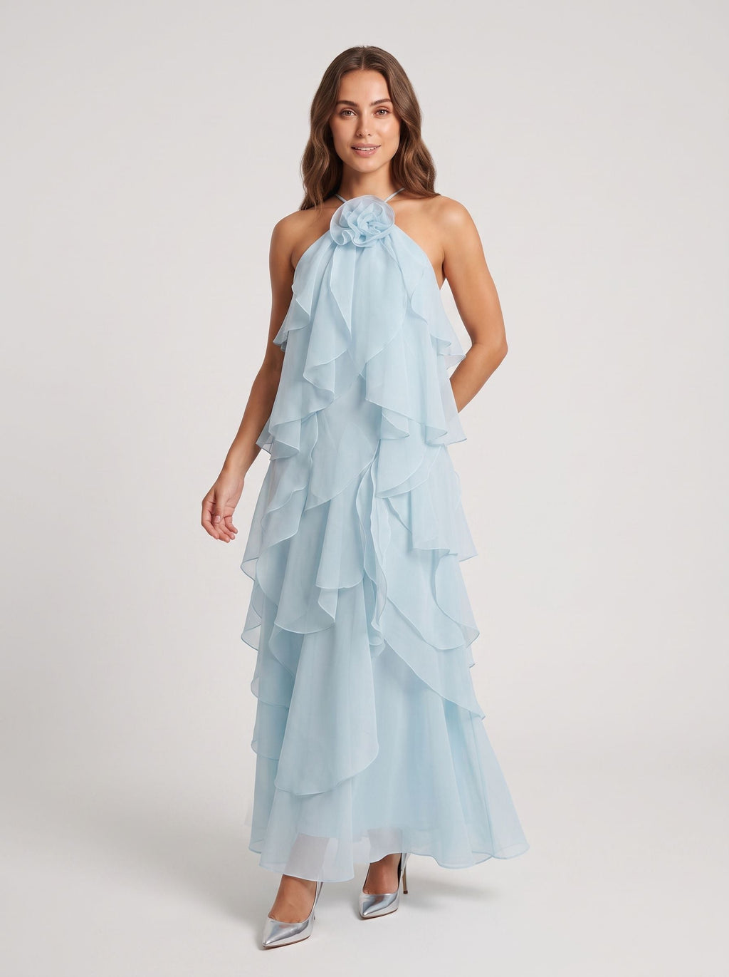 Sky Blue Chiffon A-Line Halter neckline Lace-up Floor-Length Dress with Rosette - Curvevia