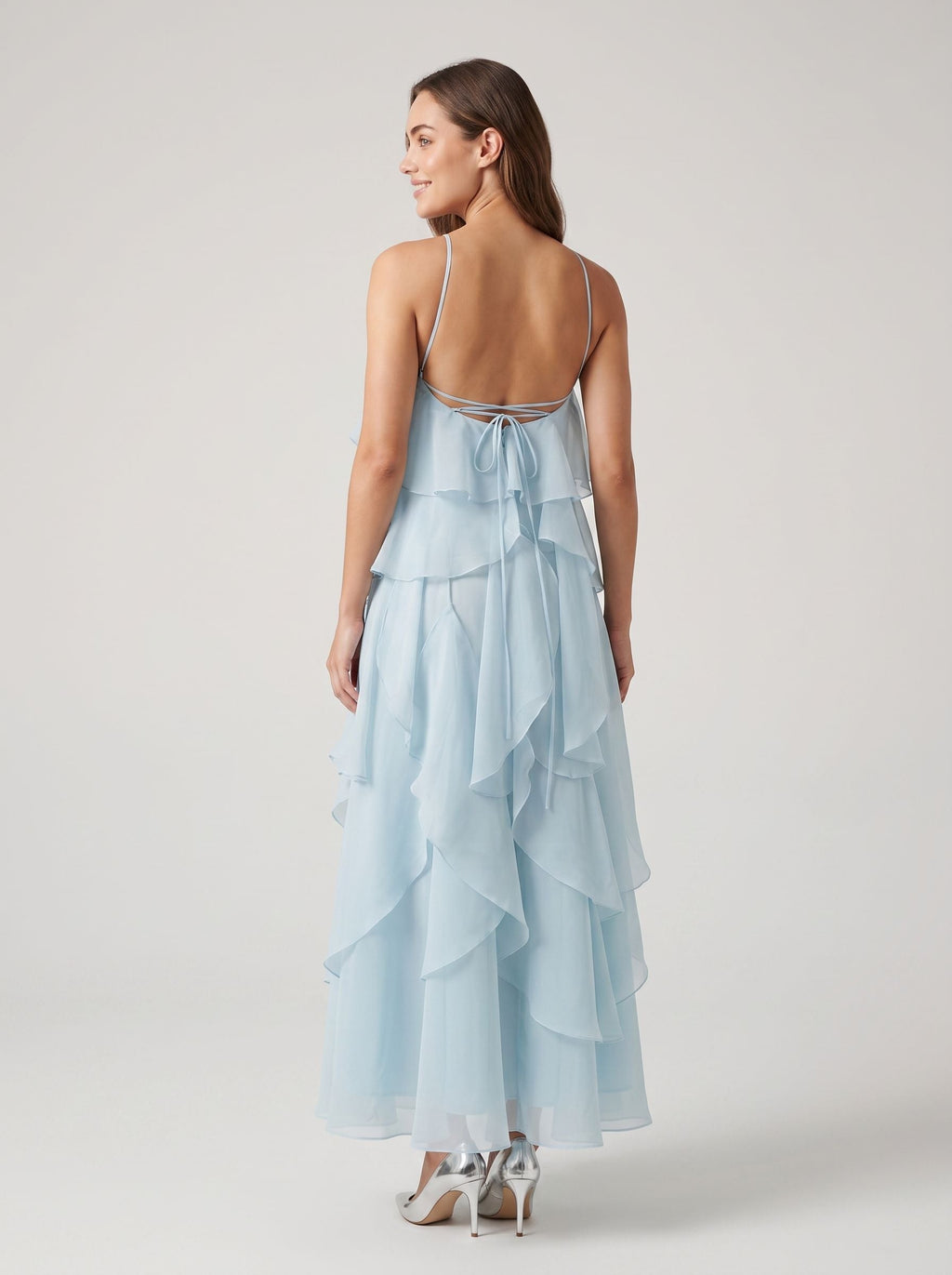 Sky Blue Chiffon A-Line Halter neckline Lace-up Floor-Length Dress with Rosette - Curvevia
