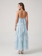 Sky Blue Chiffon A-Line Halter neckline Lace-up Floor-Length Dress with Rosette - Curvevia