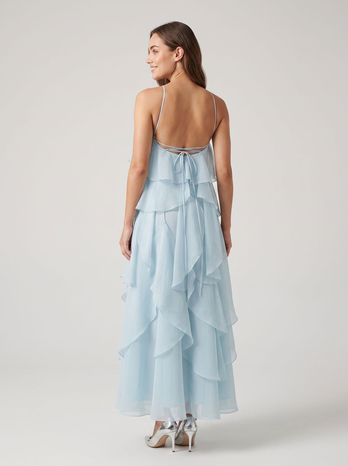 Sky Blue Chiffon A-Line Halter neckline Lace-up Floor-Length Dress with Rosette - Curvevia