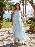 Sky Blue Chiffon A-Line Halter neckline Lace-up Floor-Length Dress with Rosette - Curvevia
