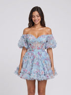Blue Tulle A-Line Off-the-Shoulder Back Zip Short Dress with Floral Print - Curvevia