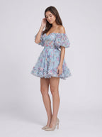 Blue Tulle A-Line Off-the-Shoulder Back Zip Short Dress with Floral Print - Curvevia