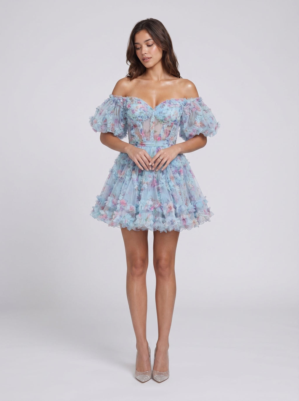 Blue Tulle A-Line Off-the-Shoulder Back Zip Short Dress with Floral Print - Curvevia