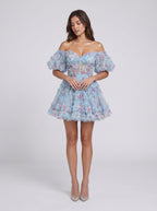 Blue Tulle A-Line Off-the-Shoulder Back Zip Short Dress with Floral Print - Curvevia