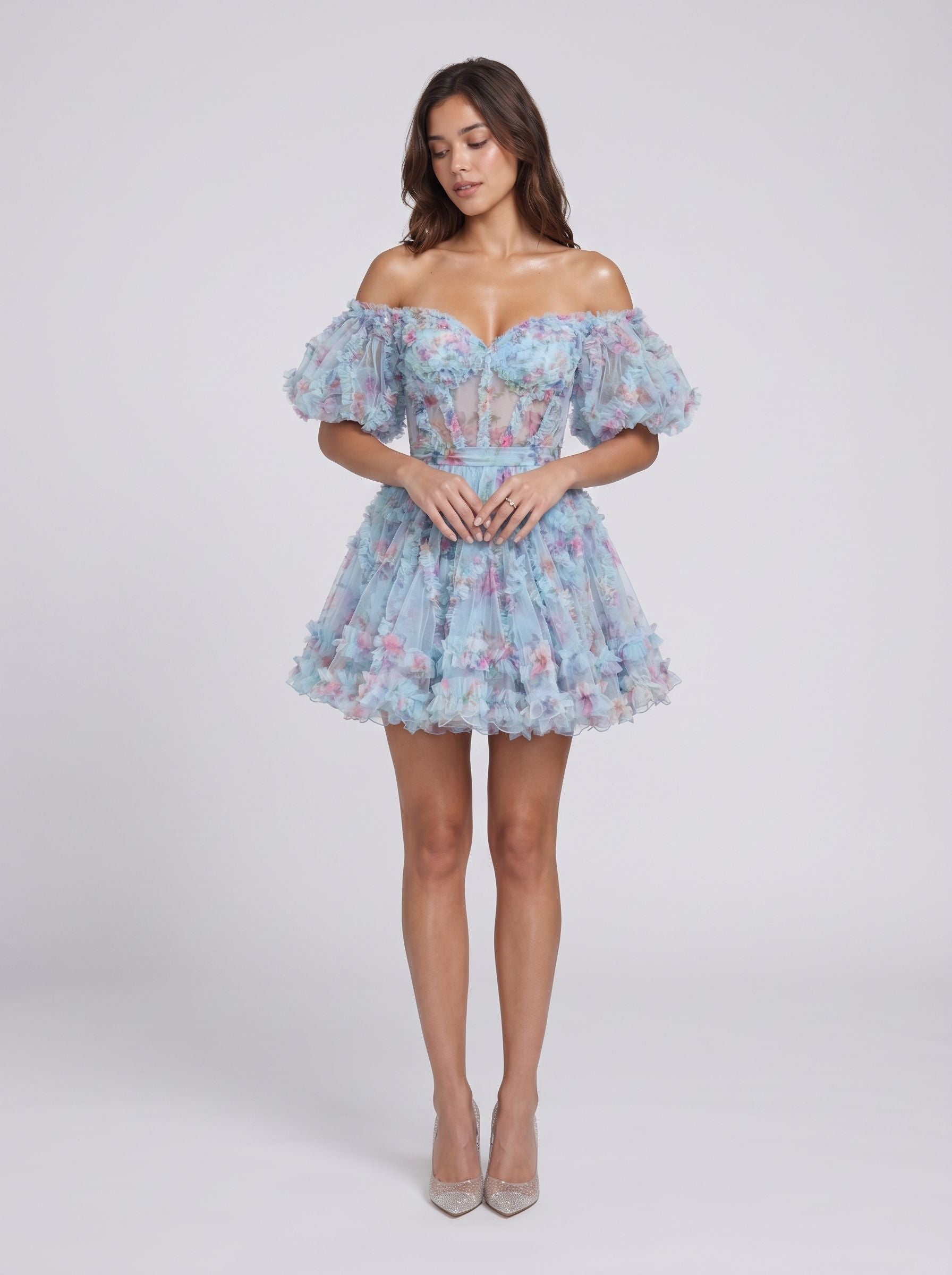 Blue Tulle A-Line Off-the-Shoulder Back Zip Short Dress with Floral Print - Curvevia