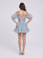 Blue Tulle A-Line Off-the-Shoulder Back Zip Short Dress with Floral Print - Curvevia