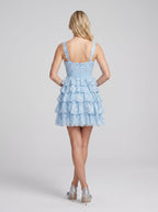Sky Blue Tulle A-Line Sweetheart Back Zip Short Dress with Tiered Ruffles and 3D Flower - Curvevia