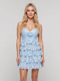 Sky Blue Tulle A-Line Sweetheart Back Zip Short Dress with Tiered Ruffles and 3D Flower - Curvevia