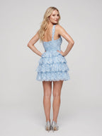 Sky Blue Tulle A-Line Sweetheart Back Zip Short Dress with Tiered Ruffles and 3D Flower - Curvevia