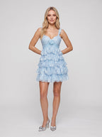 Sky Blue Tulle A-Line Sweetheart Back Zip Short Dress with Tiered Ruffles and 3D Flower - Curvevia