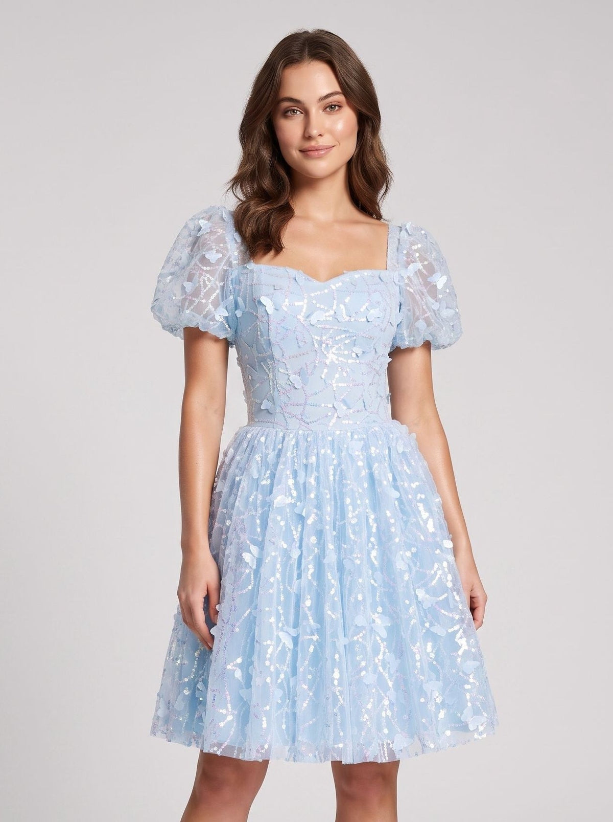 Sky Blue Tulle A-Line Sweetheart Criss-Cross Straps Short Dress with Puff Sleeves - Curvevia