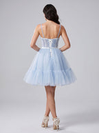 Mist Tulle A-Line Straight Neck Criss-Cross Straps Short Dress with Spaghetti Straps - Curvevia