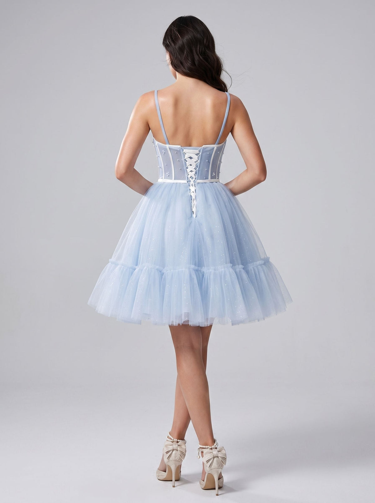 Mist Tulle A-Line Straight Neck Criss-Cross Straps Short Dress with Spaghetti Straps - Curvevia