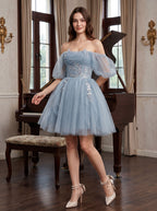 Dusty Blue Tulle A-Line Off-the-Shoulder Criss-Cross Straps Short Dress with Applique - Curvevia
