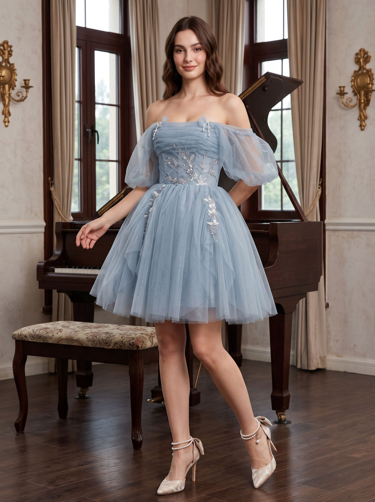 Dusty Blue Tulle A-Line Off-the-Shoulder Criss-Cross Straps Short Dress with Applique - Curvevia
