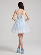 Sky Blue Tulle A-Line Square Neck Criss-Cross Straps Short Dress with Lace Stitching - Curvevia