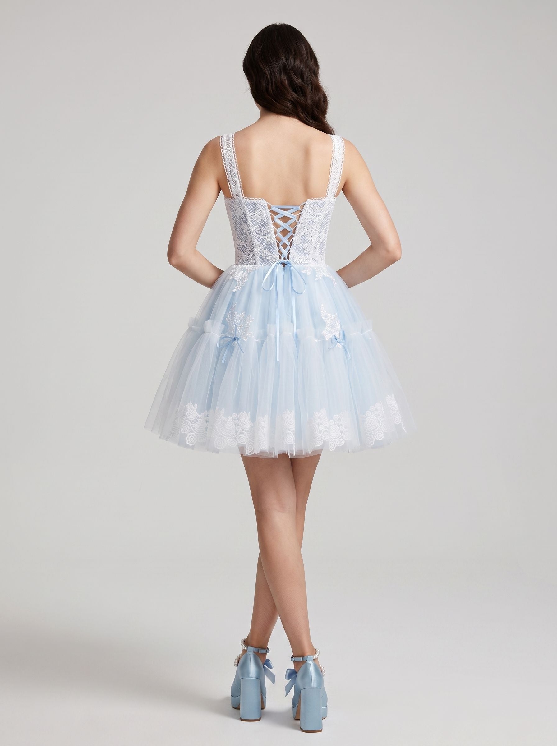 Sky Blue Tulle A-Line Square Neck Criss-Cross Straps Short Dress with Lace Stitching - Curvevia