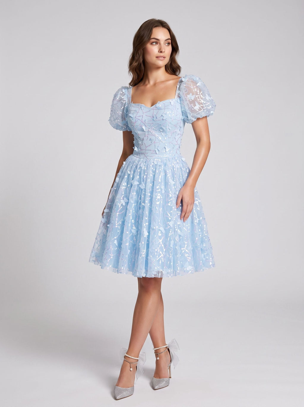 Sky Blue Tulle A-Line Sweetheart Criss-Cross Straps Short Dress with Puff Sleeves - Curvevia