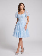 Sky Blue Tulle A-Line Sweetheart Criss-Cross Straps Short Dress with Puff Sleeves - Curvevia