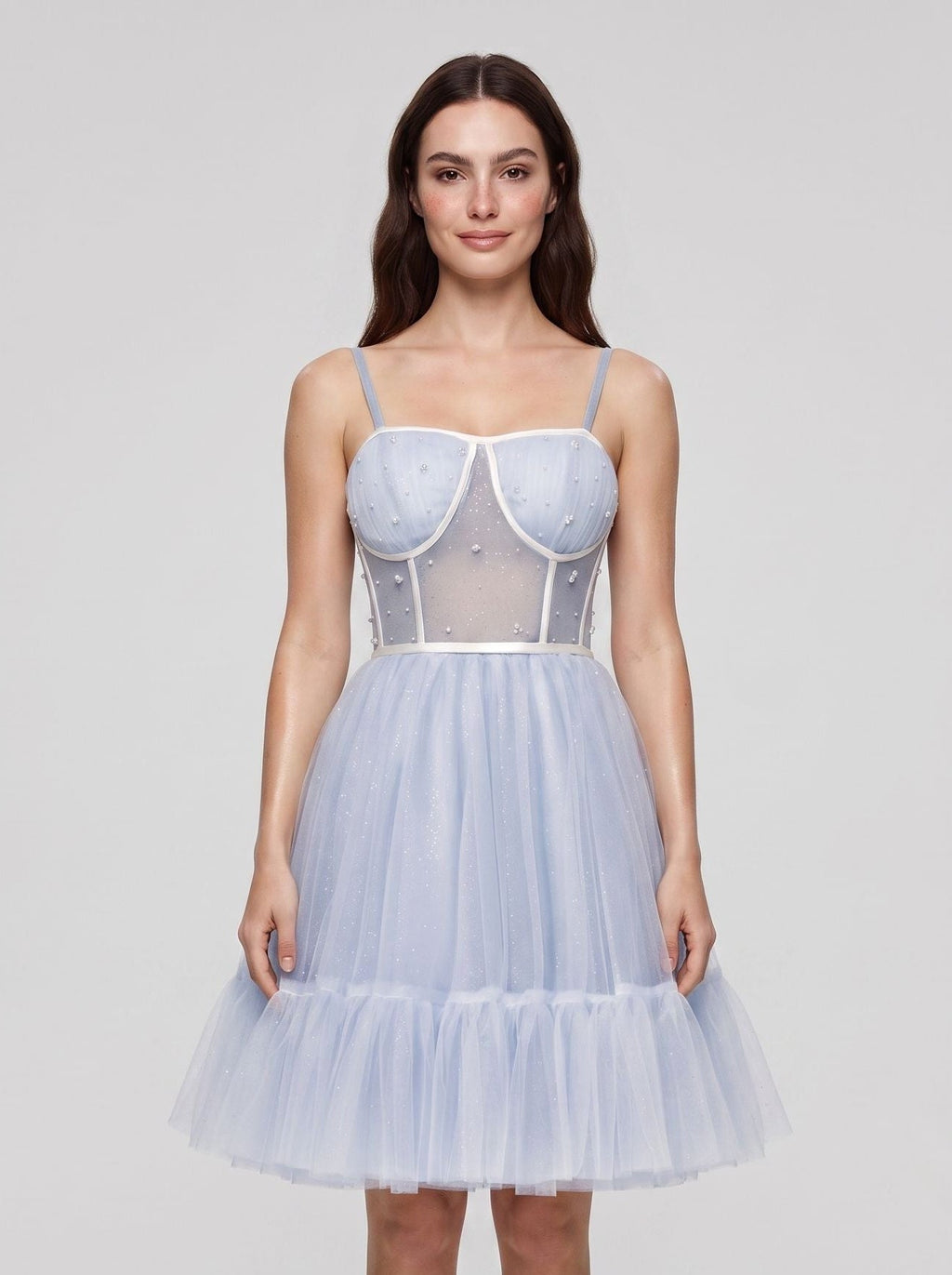 Mist Tulle A-Line Straight Neck Criss-Cross Straps Short Dress with Spaghetti Straps - Curvevia