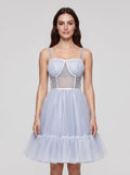 Mist Tulle A-Line Straight Neck Criss-Cross Straps Short Dress with Spaghetti Straps - Curvevia