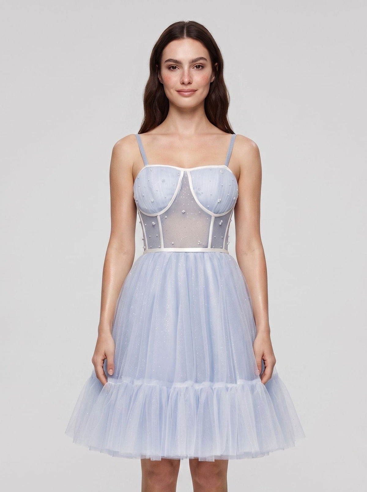 Mist Tulle A-Line Straight Neck Criss-Cross Straps Short Dress with Spaghetti Straps - Curvevia