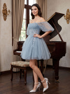 Dusty Blue Tulle A-Line Off-the-Shoulder Criss-Cross Straps Short Dress with Applique - Curvevia