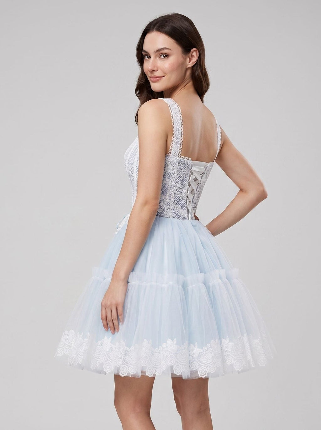Sky Blue Tulle A-Line Square Neck Criss-Cross Straps Short Dress with Lace Stitching - Curvevia