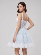Sky Blue Tulle A-Line Square Neck Criss-Cross Straps Short Dress with Lace Stitching - Curvevia