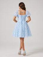 Sky Blue Tulle A-Line Sweetheart Criss-Cross Straps Short Dress with Puff Sleeves - Curvevia