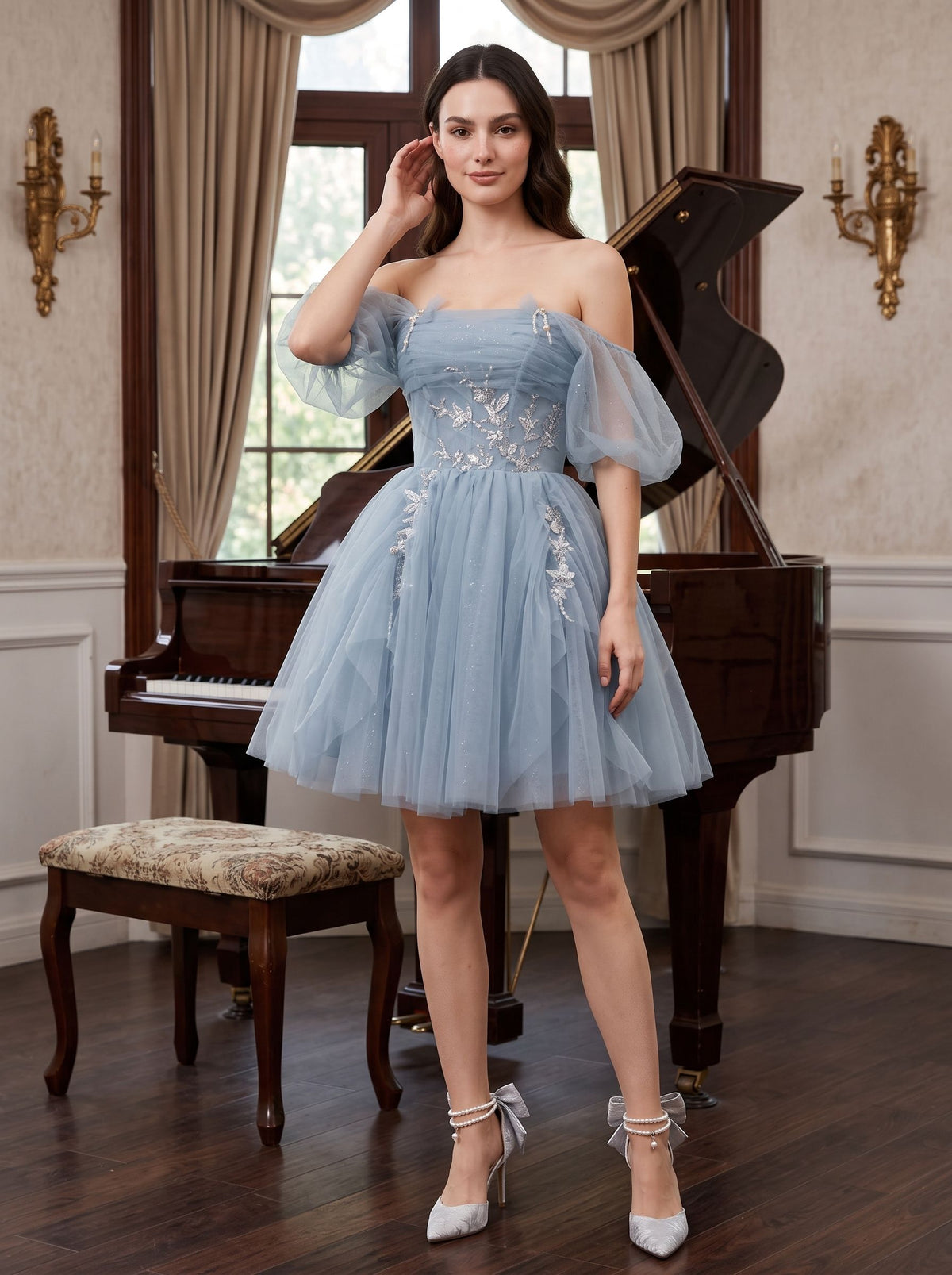 Dusty Blue Tulle A-Line Off-the-Shoulder Criss-Cross Straps Short Dress with Applique - Curvevia
