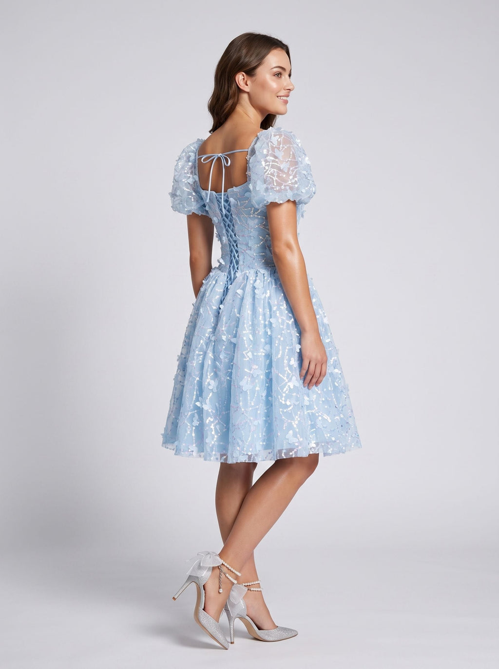 Sky Blue Tulle A-Line Sweetheart Criss-Cross Straps Short Dress with Puff Sleeves - Curvevia