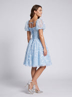 Sky Blue Tulle A-Line Sweetheart Criss-Cross Straps Short Dress with Puff Sleeves - Curvevia