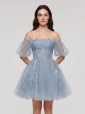 Dusty Blue Tulle A-Line Off-the-Shoulder Criss-Cross Straps Short Dress with Applique - Curvevia