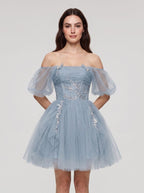 Dusty Blue Tulle A-Line Off-the-Shoulder Criss-Cross Straps Short Dress with Applique - Curvevia