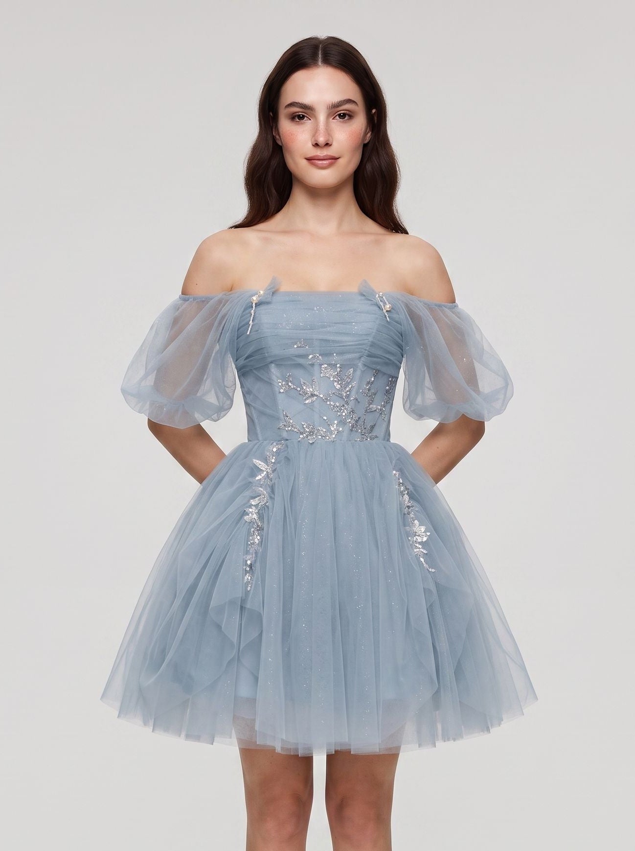Dusty Blue Tulle A-Line Off-the-Shoulder Criss-Cross Straps Short Dress with Applique - Curvevia