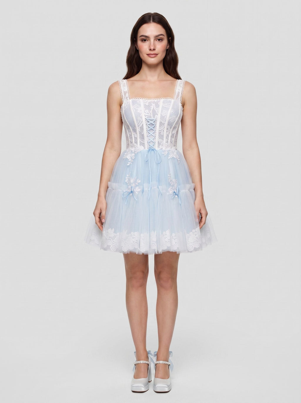 Sky Blue Tulle A-Line Square Neck Criss-Cross Straps Short Dress with Lace Stitching - Curvevia
