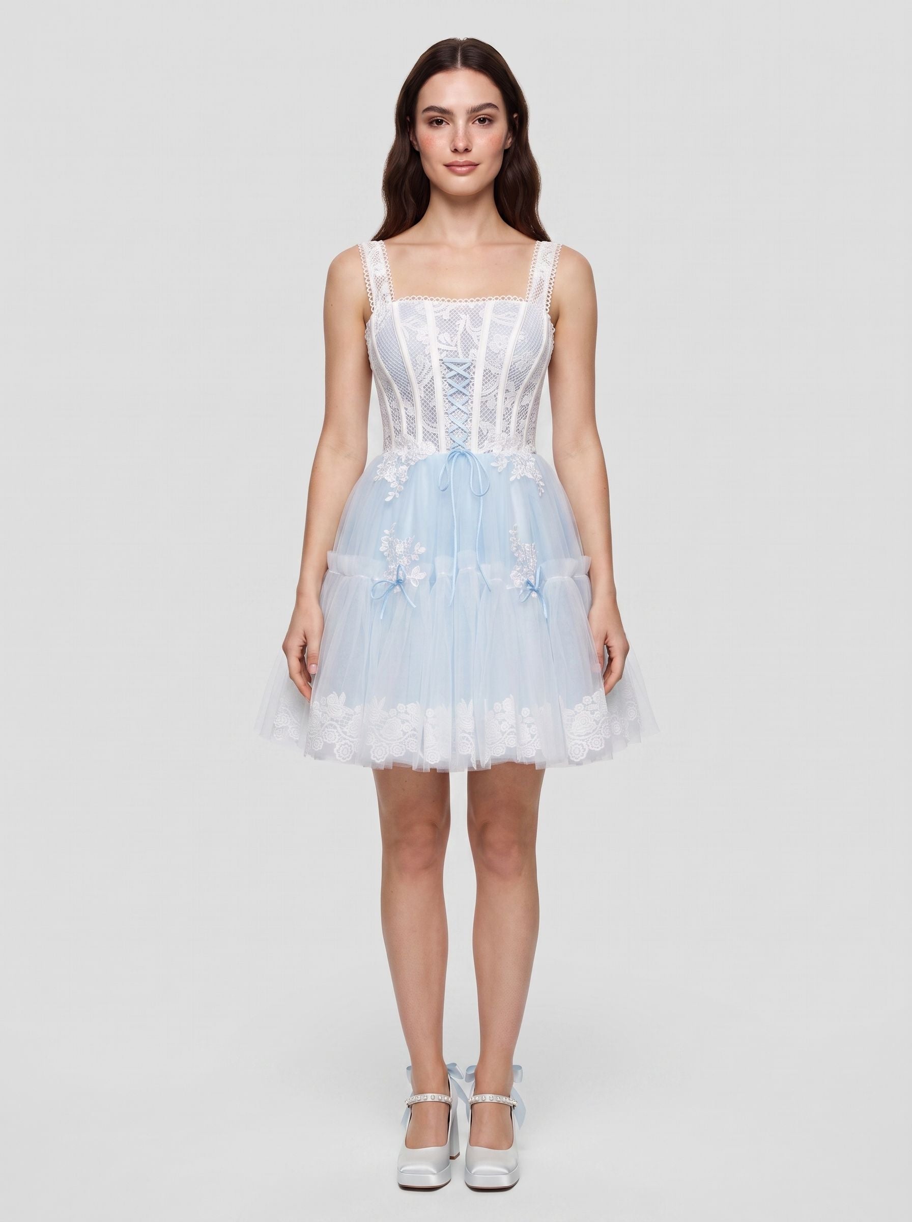 Sky Blue Tulle A-Line Square Neck Criss-Cross Straps Short Dress with Lace Stitching - Curvevia