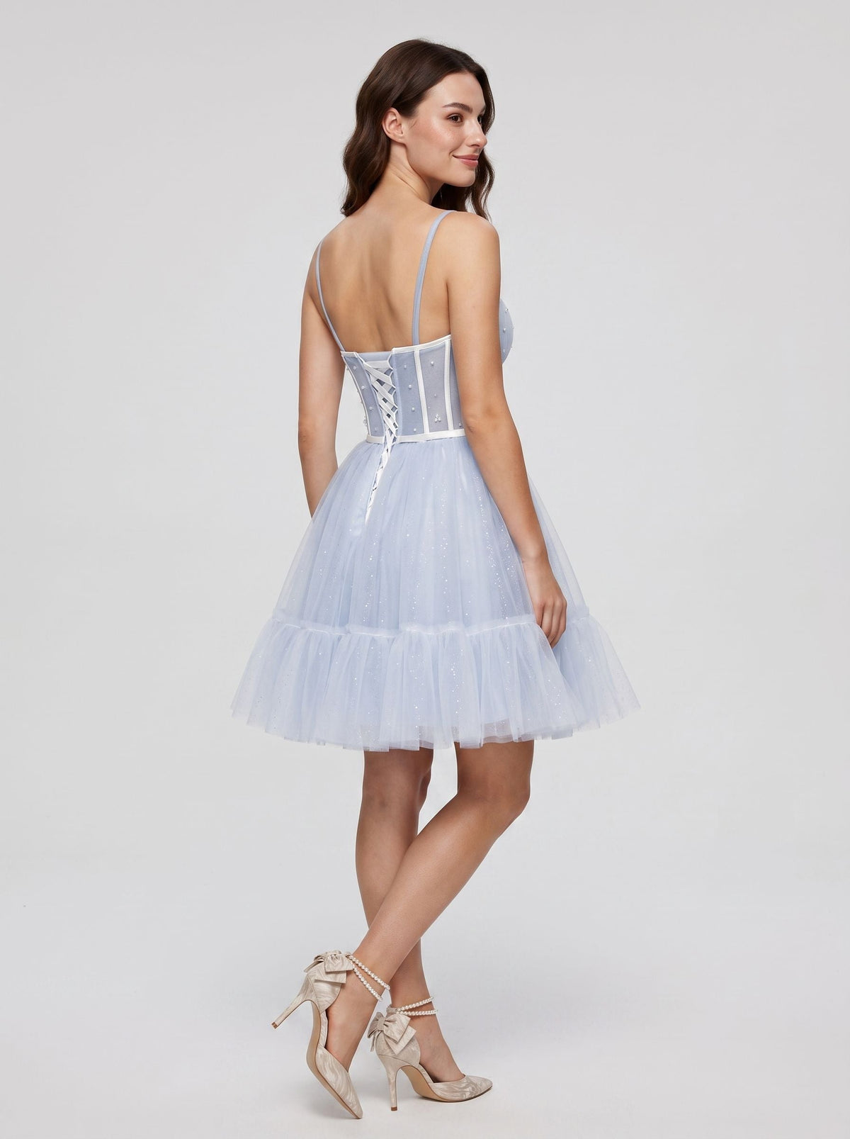 Mist Tulle A-Line Straight Neck Criss-Cross Straps Short Dress with Spaghetti Straps - Curvevia