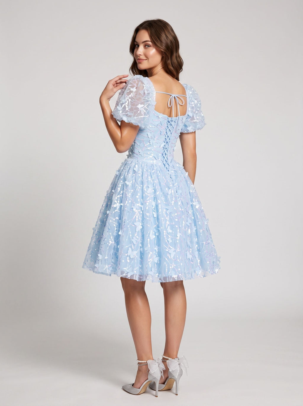 Sky Blue Tulle A-Line Sweetheart Criss-Cross Straps Short Dress with Puff Sleeves - Curvevia