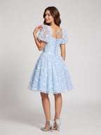 Sky Blue Tulle A-Line Sweetheart Criss-Cross Straps Short Dress with Puff Sleeves - Curvevia
