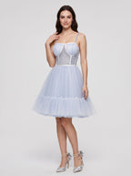 Mist Tulle A-Line Straight Neck Criss-Cross Straps Short Dress with Spaghetti Straps - Curvevia