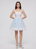 Sky Blue Tulle A-Line Square Neck Criss-Cross Straps Short Dress with Lace Stitching - Curvevia
