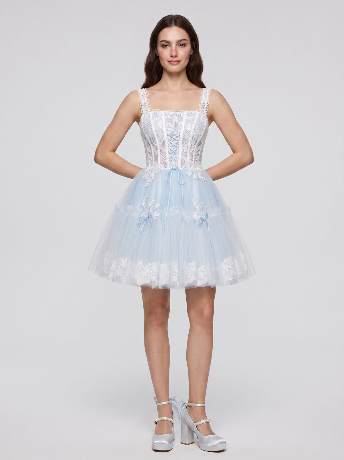 Sky Blue Tulle A-Line Square Neck Criss-Cross Straps Short Dress with Lace Stitching - Curvevia