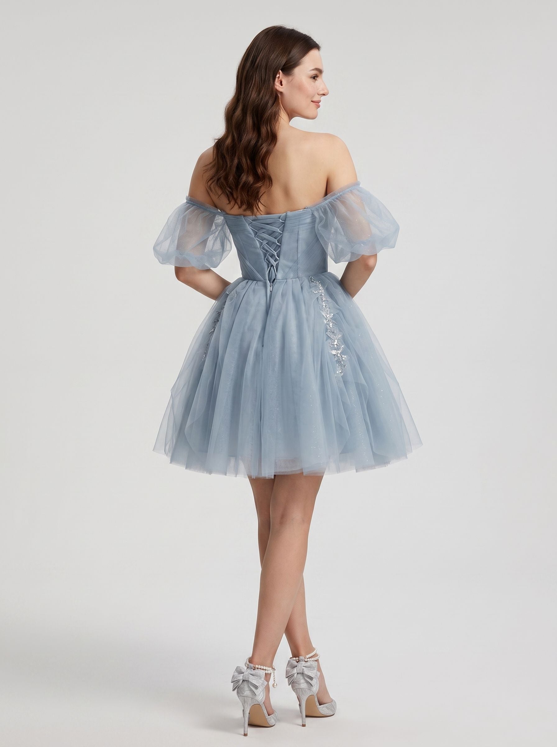 Dusty Blue Tulle A-Line Off-the-Shoulder Criss-Cross Straps Short Dress with Applique - Curvevia